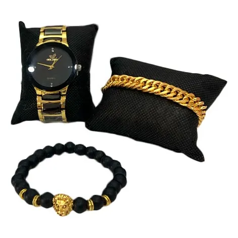 Reloj Dorado Con Negro + Pulseras