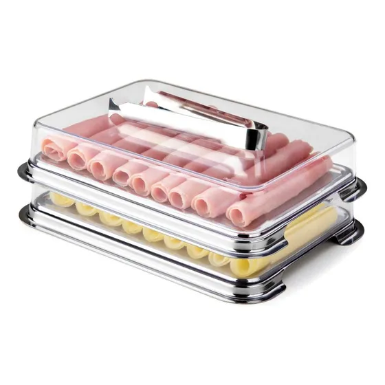 Kit Porta Frios Queijo Presunto Inox Com Pegador Pinça Inox