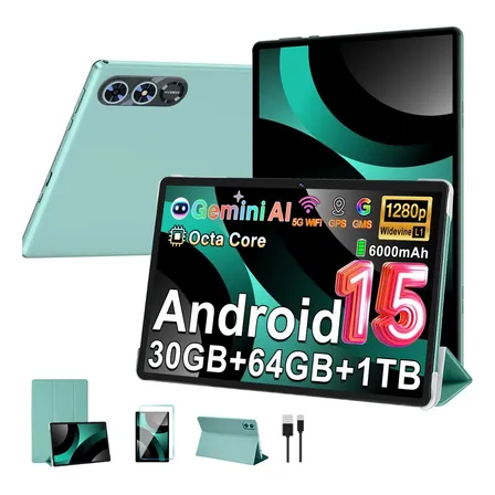 Tablet Android 15 Com Gemini Ai Tablet 10 Polegadas 30gb Ram+64gb Rom/tf 2 Tb,2.4g/5g Wi-fi,octa-core 2.0 Ghz, 6000 Mah, Desbloqueio Facial,controlo Parental Widevine L1,bt 5.0, Gps,com Capa-cor Verde