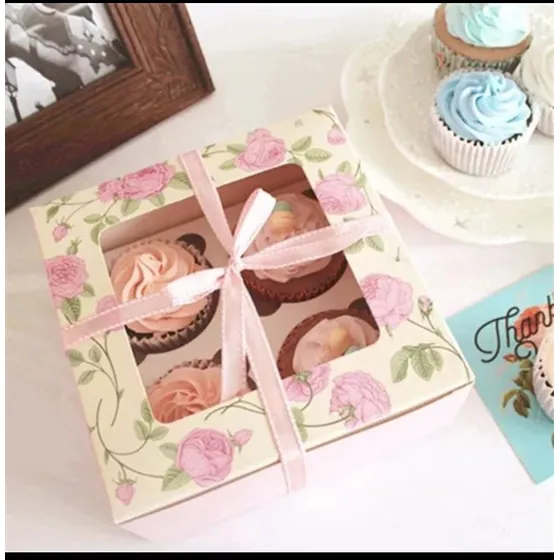 Caja Para 4 Cupcakes Con Visor Y Estampado.pack 12 Unds
