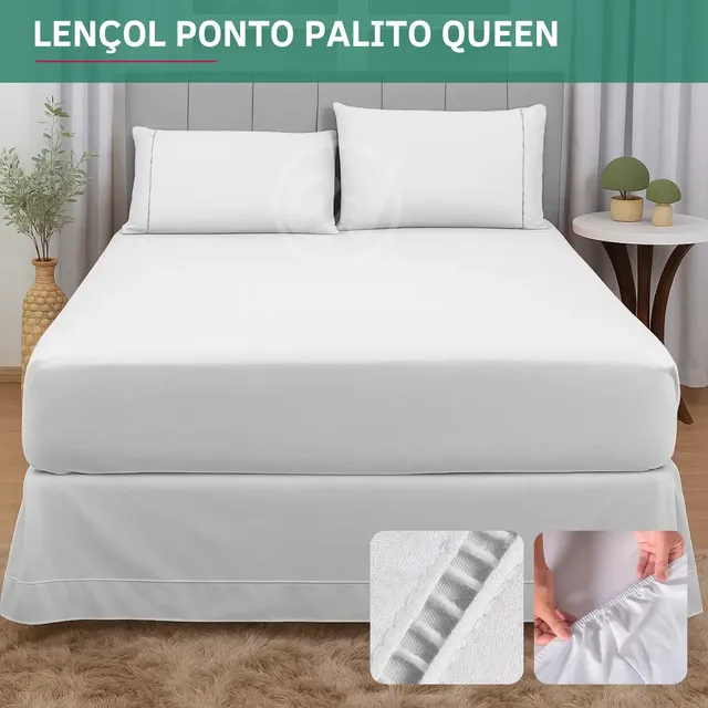 Kit Jogo De Lençol Queen 3 Pçs 400 Fios C Elástico Detalhe Ponto Palito Fronha Super Macio Confortável Hotel Cor Br