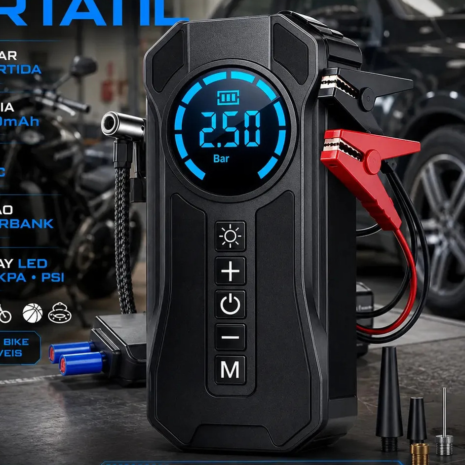 Mini Compressor De Ar Portátil Bateria Emergência Ignição Automotiva Potente Preto Compacto Mini Compressor De Ar Portátil Bateria Emergência Ignição Automotiva Potente Preto Compacto