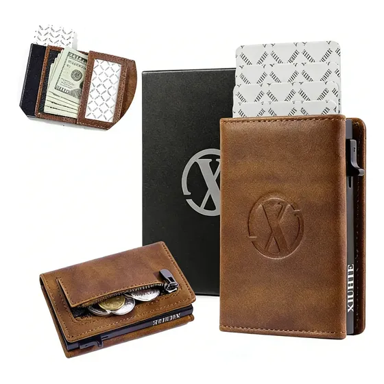 Tarjetero Billetera Cartera Para Hombre Piel Rifd Con Caja Color Marrón Diseño de la tela piel de caballo loco