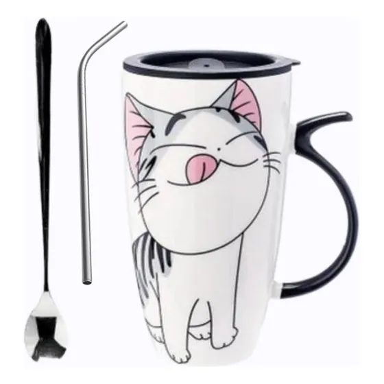 Taza Tazón Grande Gato 650ml Tapa Cuchara Bombilla - Norplat