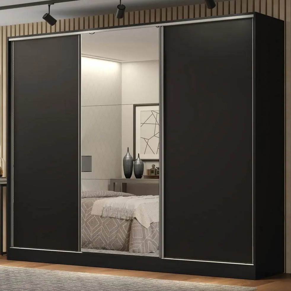 Guarda Roupa Casal 100% Mdf Madesa Royale 3 Portas Espelho Cor Preto 106209
