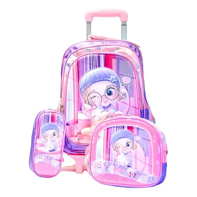 Mochila Carrito Set X3 Lunchera Cartuchera Niña Y Conejo