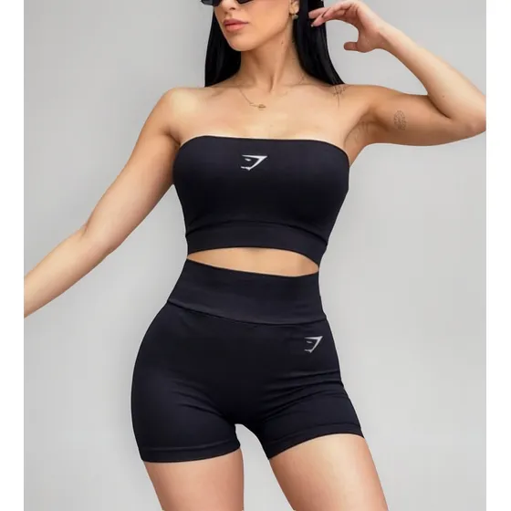 Conjunto Sport Short Top Strapless Insp Gym Sharkk Bordado Negro Bordado Unitalla