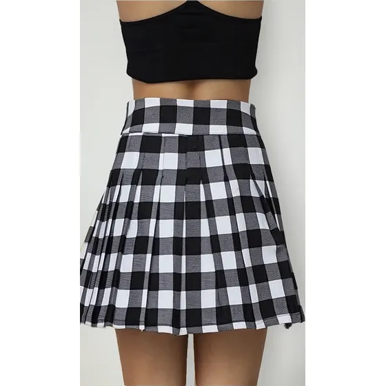 Saia Colegial De Preguinhas Xadrez Preta Cosplay Coreano