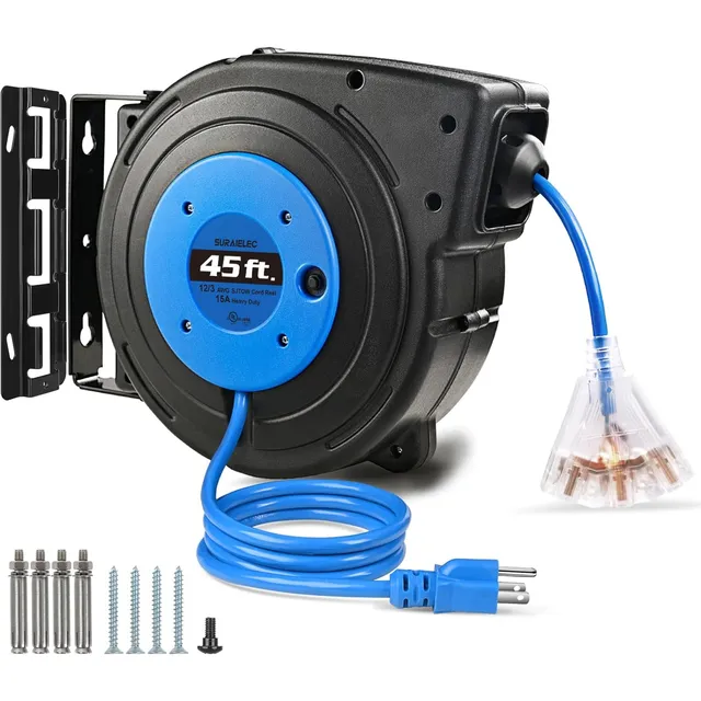 Carrete De Cable Extensión Retráctil 12 Awg/3c 45 Pies Con D