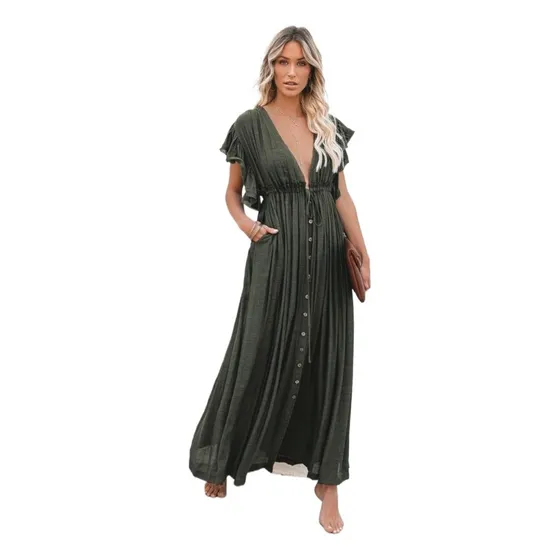 L Vestido S Para Mujer, Blusa De Playa De Verano Con Botones