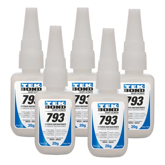 Kit 5 cola instantânea Tekbond 793 metais madeira plástico 20g