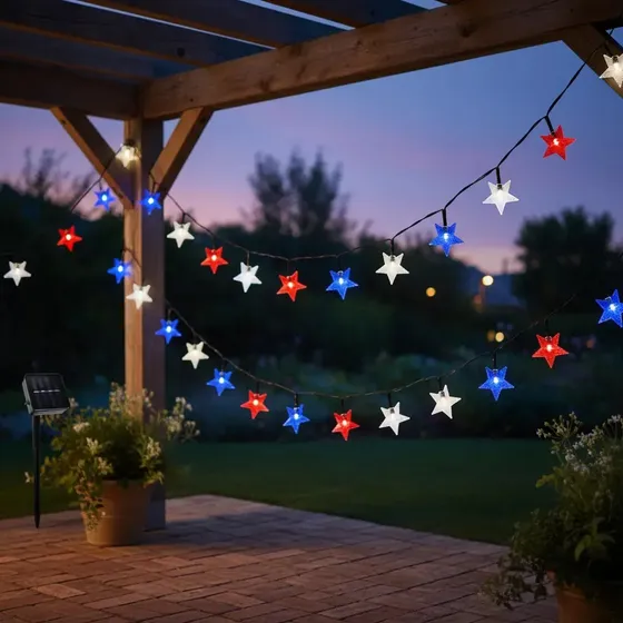 Guirnalda Terraza Solar 10mtr Estrellas Fiestas Patrias Color De Las Luces Rojo/blanco/azul