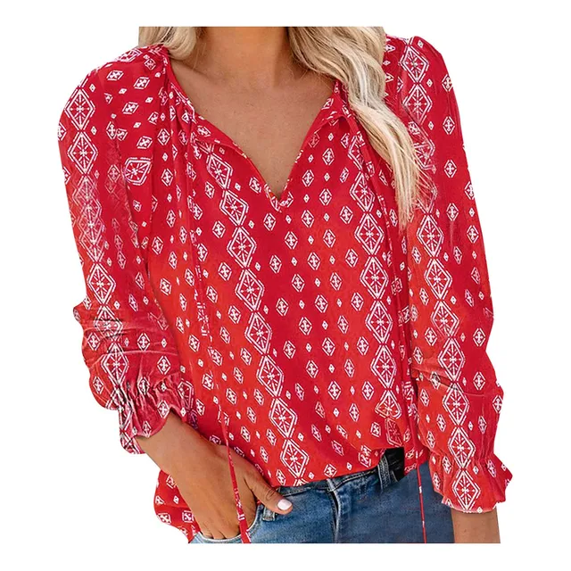 Blusa Verano Cuello V Para Mujer Manga Larga Estilo Bohemio