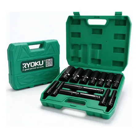 Jogo Soquete Longo Sextavado Impacto Ryoku 1/2 8-32 Mm 15pcs Verde E Preto