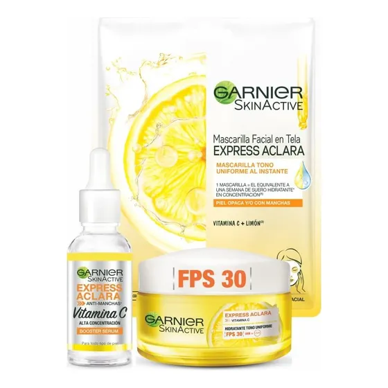 Pack Garnier Facial: Mascarilla+serum Aclara+crema Aclara