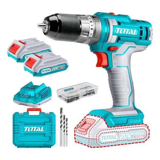 Taladro Percutor Y Atornillador Inalámbrico Total 20v, Industrial, Mandril 10mm, 45nm - Con 2 Baterías 2.0ah Litio-ion, Cargador, Y Maletín - Tidli201452
