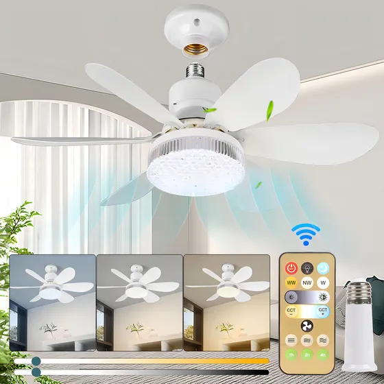 Foco Con Ventilador 40w Lampara Ventilador 52cm Lámpara De Techo Led Con Pantalla De Cristal Y Mando A Distancia, Incluye Cable Alargador Y Base De Ventilador Color Blanco Lukito Fanlampsj01