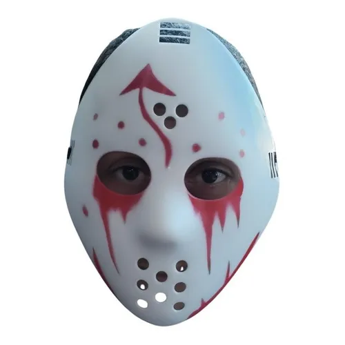 Máscara de Jason White con detalle de disfraz rojo, cosplay