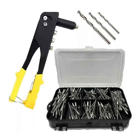 Rebitadeira Alicate Rebitador Manual Profissional Com 250 Rebites 3 Brocas E Estojo 4 Bicos Pop Repuxo Alumínio Blueforce