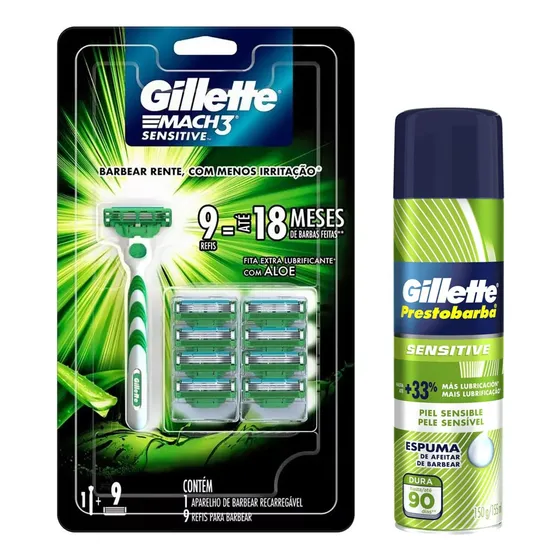 Kit Gillette Mach3 Sensitive - 9 Refil + 1 Aparelho + Espuma