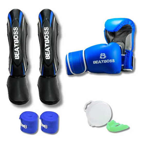 Combo Kit Guantes Tibiales Vendas Mma Muay Thai Kick Boxing