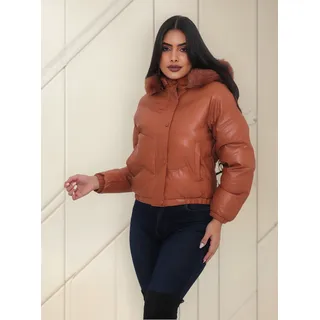 Jaqueta Cropped Feminina Forrada Pelinho Couro Puffer Frio Jaqueta Cropped Feminina Forrada Pelinho Couro Puffer Frio