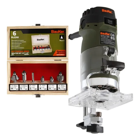 Fresadora Router Eléctrica Bauker 550 W 1/4 + 6 Fresas