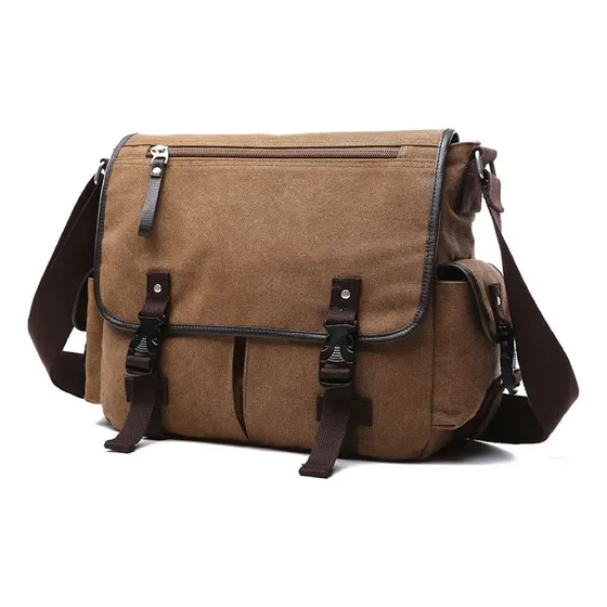 Bolsa Mensageiro Carteiro Masculino Tipo Pasta Tiracolo De Lona Resistente E Acabamento Em Couro Para Notebook Zafin Cor Marrom