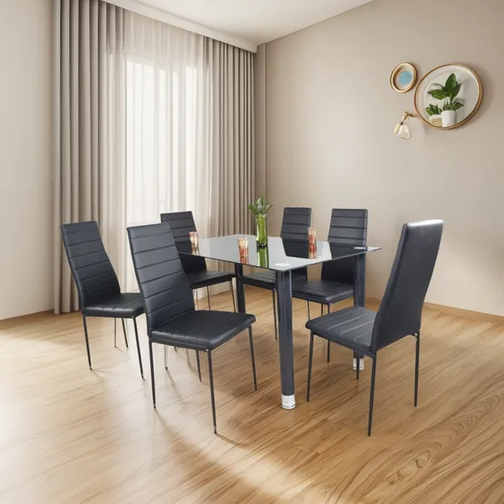 Juego De Comedor 6 Puestos En Vidrio Sillas En Cuerina 