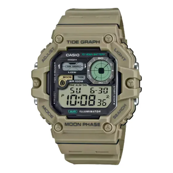 Reloj Casio Hombre Ws-1700h Fase Lunar Pesca, Correa Beige Bisel Beige