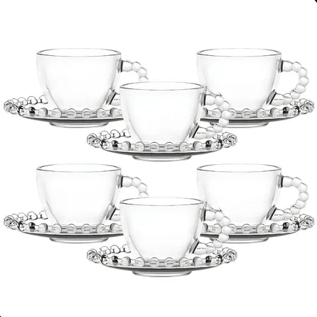 Jogo De Xícaras E Pires Em Vidro 12 Peças Chá Bolinha Pearl
