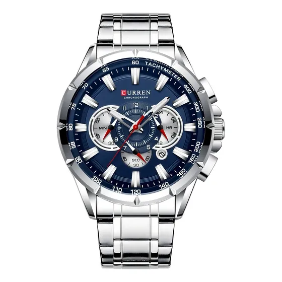 Reloj azul Curren 8363 para hombre, pulsera de acero original, color de la correa: plata