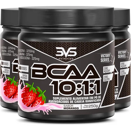 3 Unidades Do Bcaa Em Pó 10:1:1 Ultra Concentrando 250g Sabor: Morango - Fórmula Exclusiva Com 3900mg De Aminoácidos Por Dose