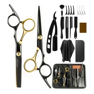 Kit De 19 Tijeras Profesionales Para Cortar Cabello Barbero Negro