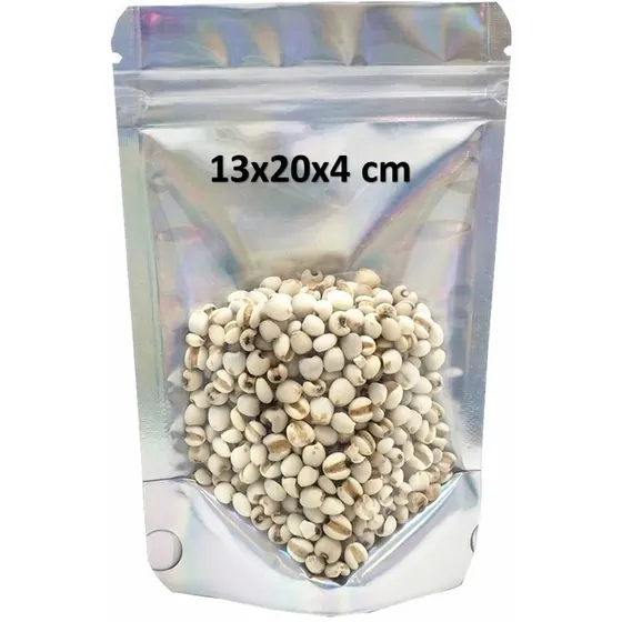 50 Bolsas 13x20x4 Cm Doypack Aluminio Y Trasparente Frontal