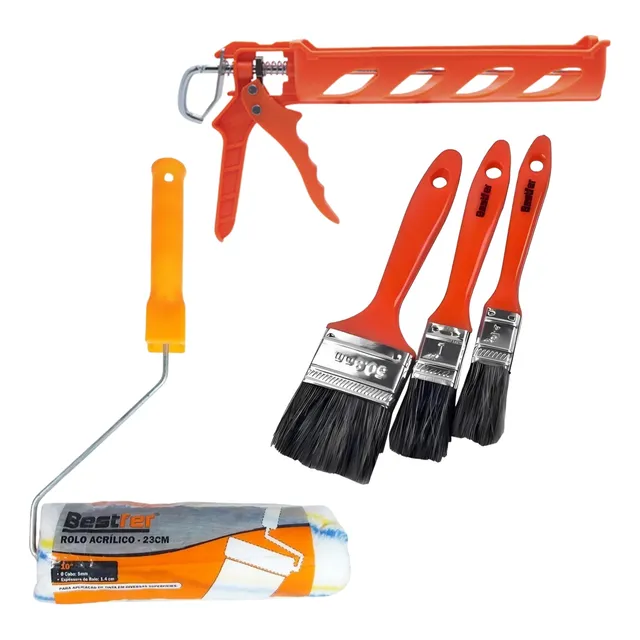 Kit Rolo De Pintura + 3 Pincéis + Aplicador De Silicone