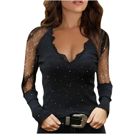 Blusa De Mujer R Sólido Escote En V Manga Larga Malla