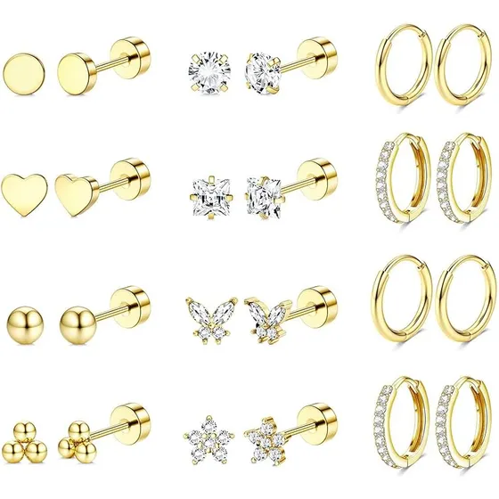 12pare Aretes De Oro 14k Mujer Arracadas Piercing Cartílago
