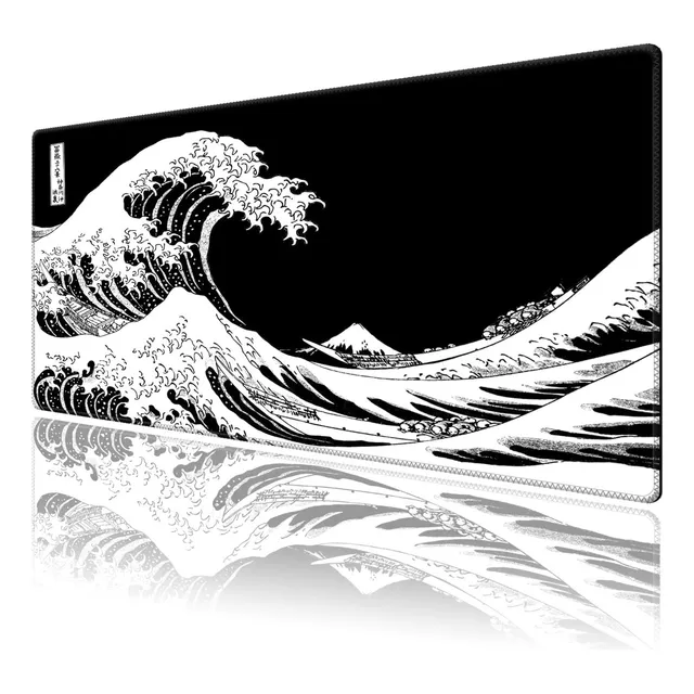 Mouse Pad Largo Ola De Kanagawa Negro Y Blanco Arte 40x90cm Color Granola