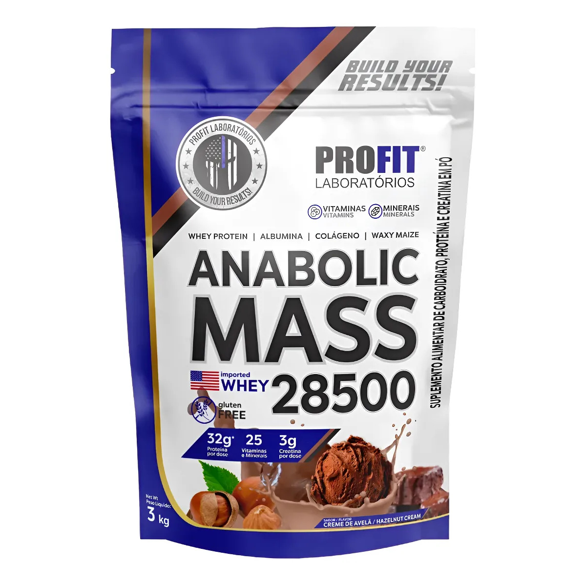 Hipercalórico Anabolic Mass Profit Labs Sem Glúten 3kg Refil Creme De Avelã