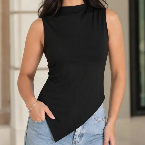 Blusa Básica Feminina Regata Assimétrica Elegante Casual