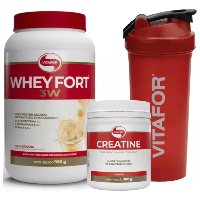 Whey Fort 3w Vitafor 900g + Creatina Monohidratada + Shaker
