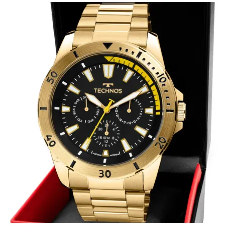 Relógio Masculino Technos Multifunção Quartzo Aço Inoxidável Dourado Preto