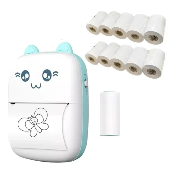 Mini Impresora Térmica Portátil Bluetooth Gatito Más 11 Rollos Color Celeste Eshopangie