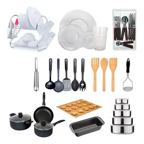 Juego Set Vajilla Completo Bateria De Cocina Platos Vidrio Vasos Ollas Sarten Antiadherente Secaplatos Escurridor Cubiertos Acero Set Bowls Espatulas Cocina Tapete Horno Levys Bazar