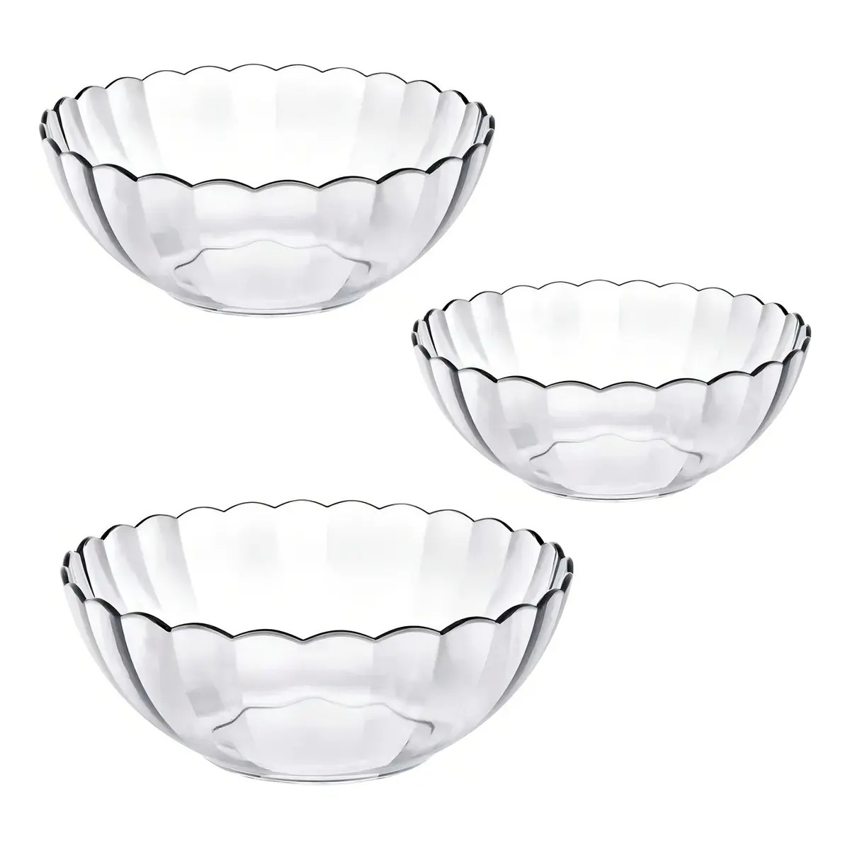 Conjunto de três tigelas de vidro transparente Marinex modelo Bella com bordas onduladas dispostas em fundo branco