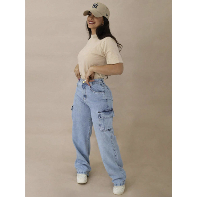 Calça Jeans Feminina Cargo Levanta Bumbum Cintura Alta Calça Jeans Feminina Cargo Levanta Bumbum Cintura Alta
