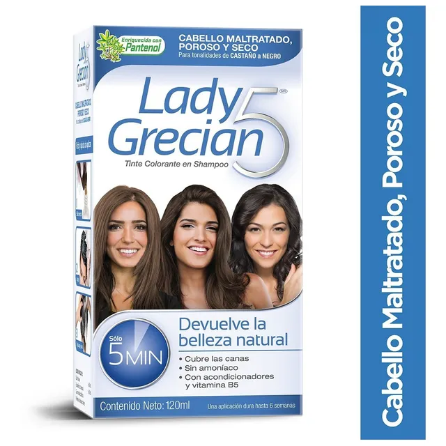 Tinte Colorante en Shampoo Lady Grecian 5 para Cabello Maltratado Castaño a Negro 120ml