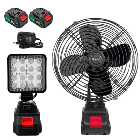 Kit Ventilador Portátil 8" + Luz LED 4" Refletor Com 2 Baterias recarregável