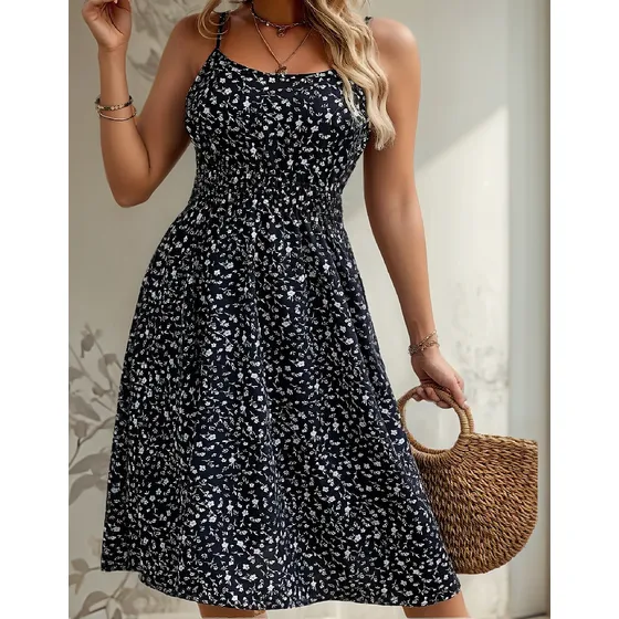 Vestido Fibrana Negro Con Flores Talle L-xl Importado